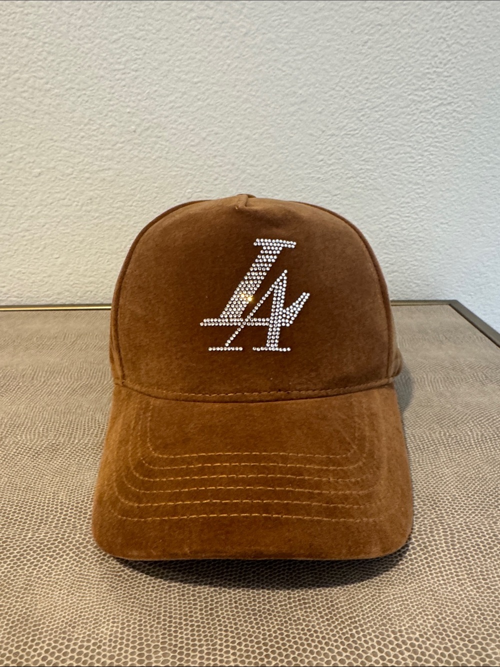 Crystal LA Logo Brown Suede Baseball Cap